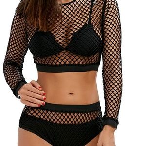 Sheer Fishnet Crop Top High Waist Bottom 2 piece